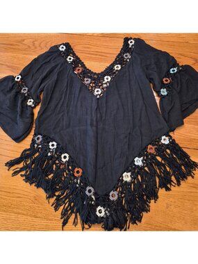 Boho Crochet Fringe Top Colorful Floral Accents Bell Sleeves V-Neck Women Size M